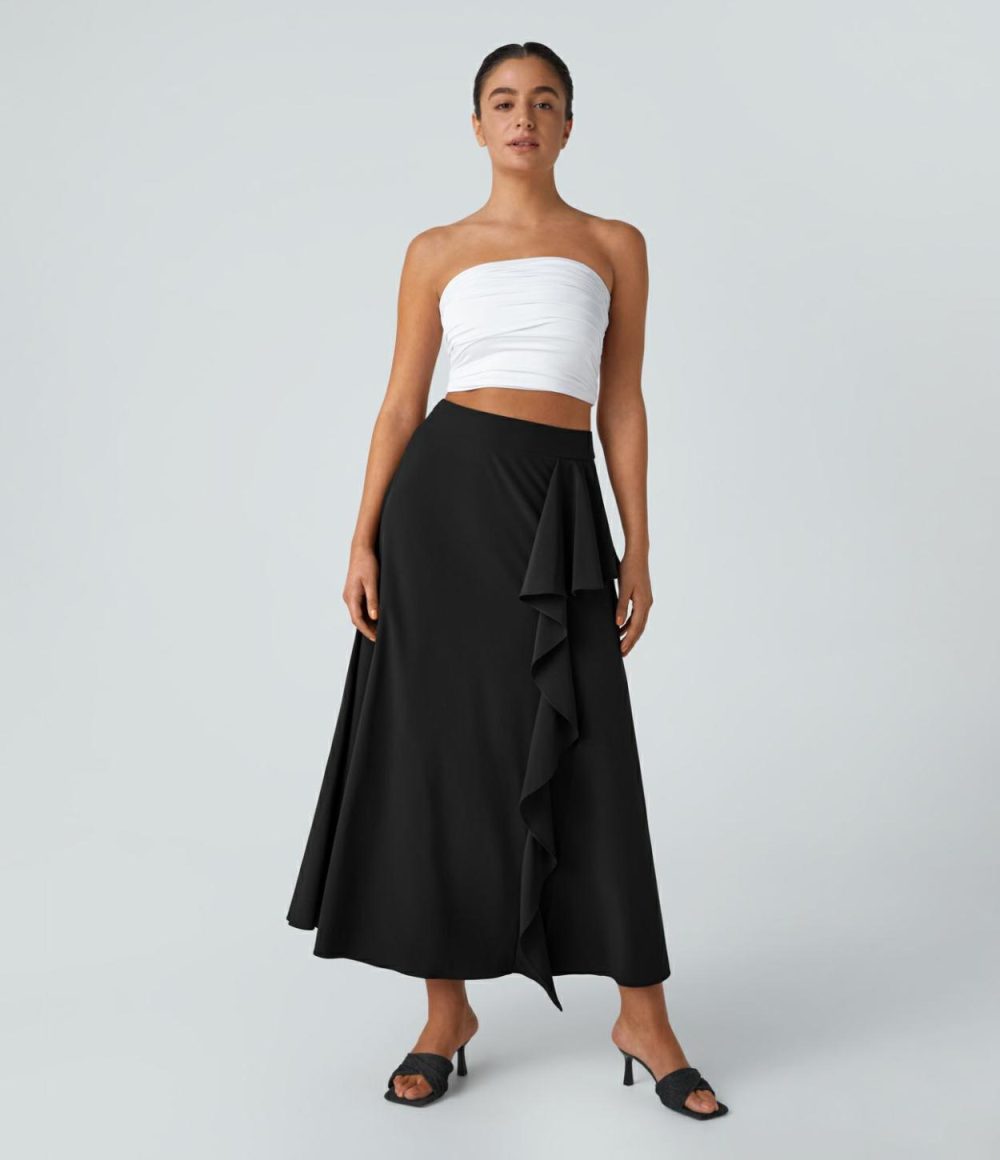 Breezeful™ High Waisted Side Invisible Zipper Asymmetric Ruffle A-Line Quick Dry Midi Casual Skirt  | Womens  Flowy Skirts Clothing Amaranth/Black