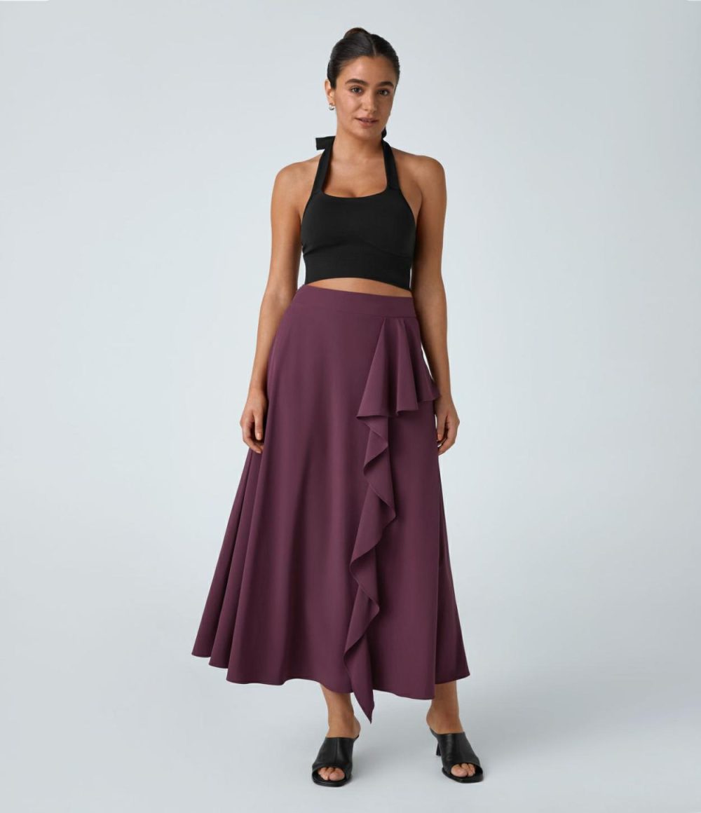 Breezeful™ High Waisted Side Invisible Zipper Asymmetric Ruffle A-Line Quick Dry Midi Casual Skirt  | Womens  Flowy Skirts Clothing Amaranth/Black