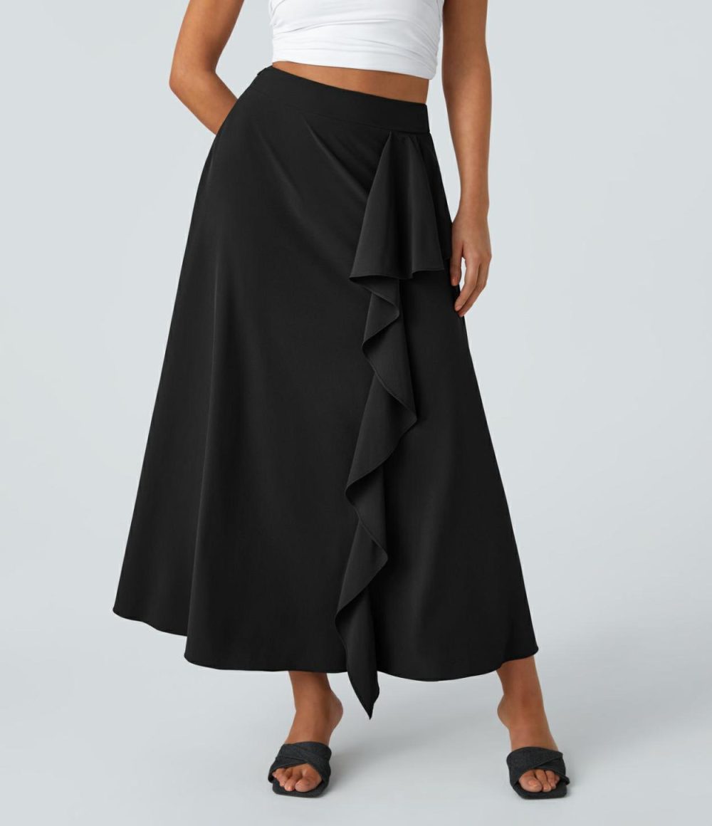 Breezeful™ High Waisted Side Invisible Zipper Asymmetric Ruffle A-Line Quick Dry Midi Casual Skirt  | Womens  Flowy Skirts Clothing Amaranth/Black