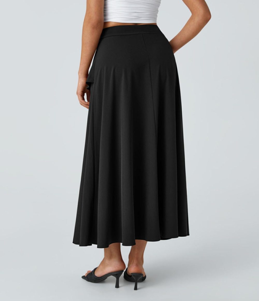 Breezeful™ High Waisted Side Invisible Zipper Asymmetric Ruffle A-Line Quick Dry Midi Casual Skirt  | Womens  Flowy Skirts Clothing Amaranth/Black