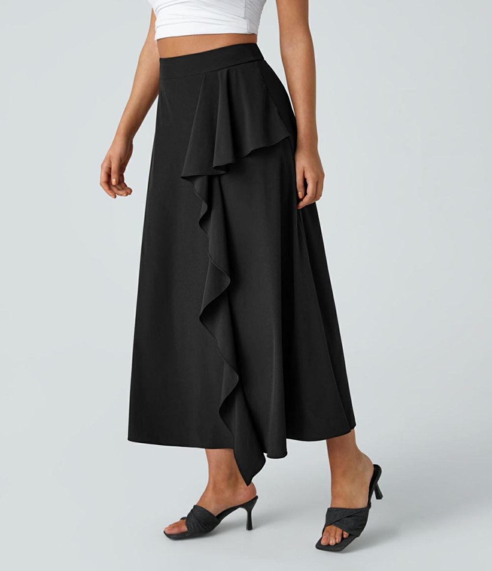 Breezeful™ High Waisted Side Invisible Zipper Asymmetric Ruffle A-Line Quick Dry Midi Casual Skirt  | Womens  Flowy Skirts Clothing Amaranth/Black