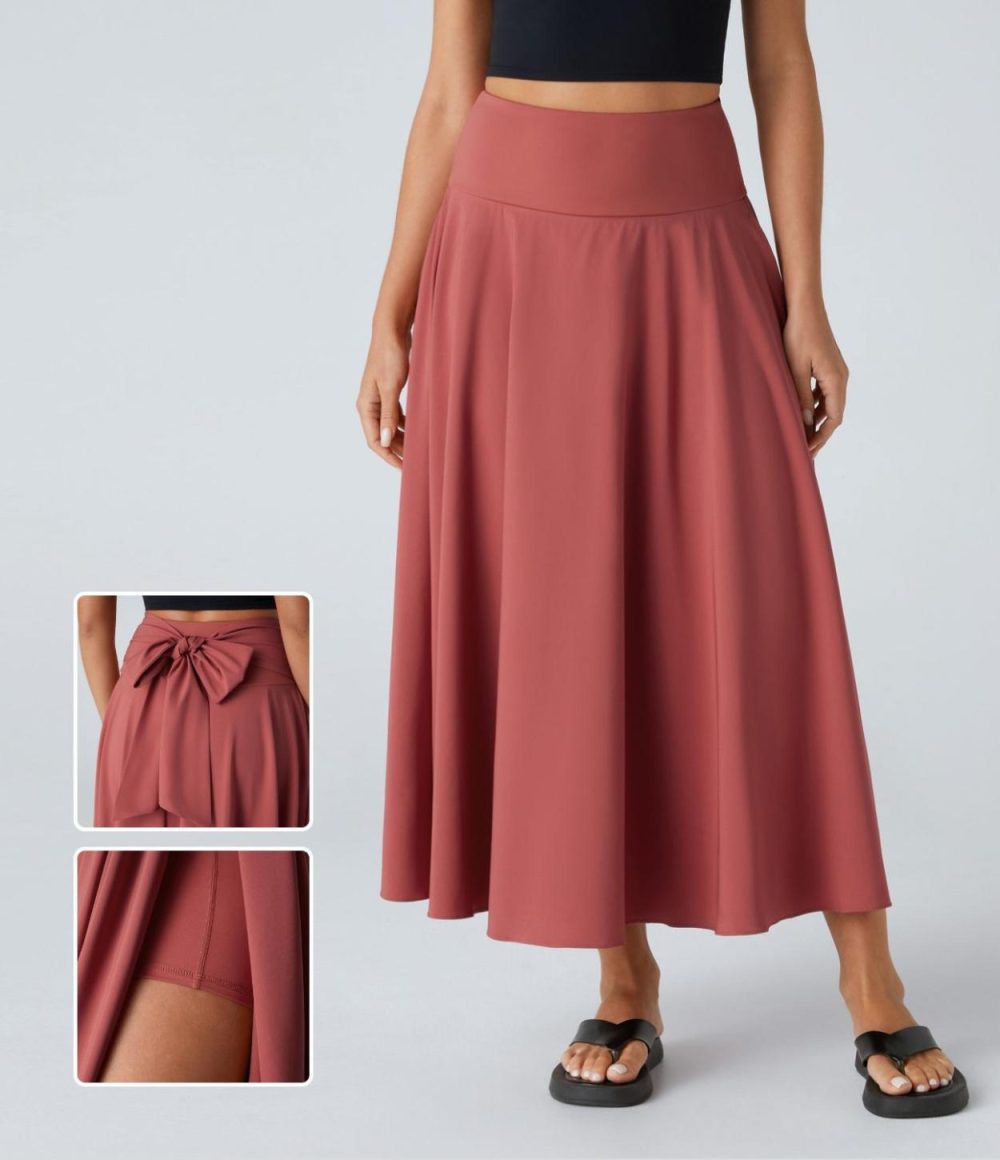 Breezeful™ High Waisted Tie Back Side Pocket 2-in-1 Flowy Quick Dry Midi Casual Skirt  | Womens  2-in-1 Skorts 2-in-1 Skorts 2-in-1 Skorts