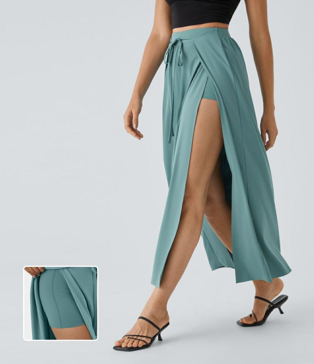 Breezeful™ High Waisted Tie Front Plicated Split Flowy 2-in-1 Maxi Quick Dry Casual Skirt  | Womens  2-in-1 Skorts 2-in-1 Skorts 2-in-1 Skorts