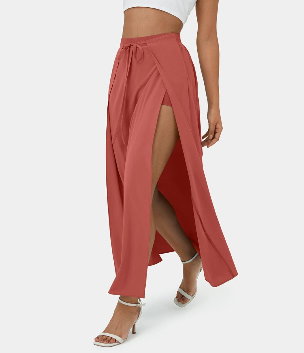 Breezeful™ High Waisted Tie Front Plicated Split Flowy 2-in-1 Maxi Quick Dry Casual Skirt  | Womens  2-in-1 Skorts 2-in-1 Skorts 2-in-1 Skorts