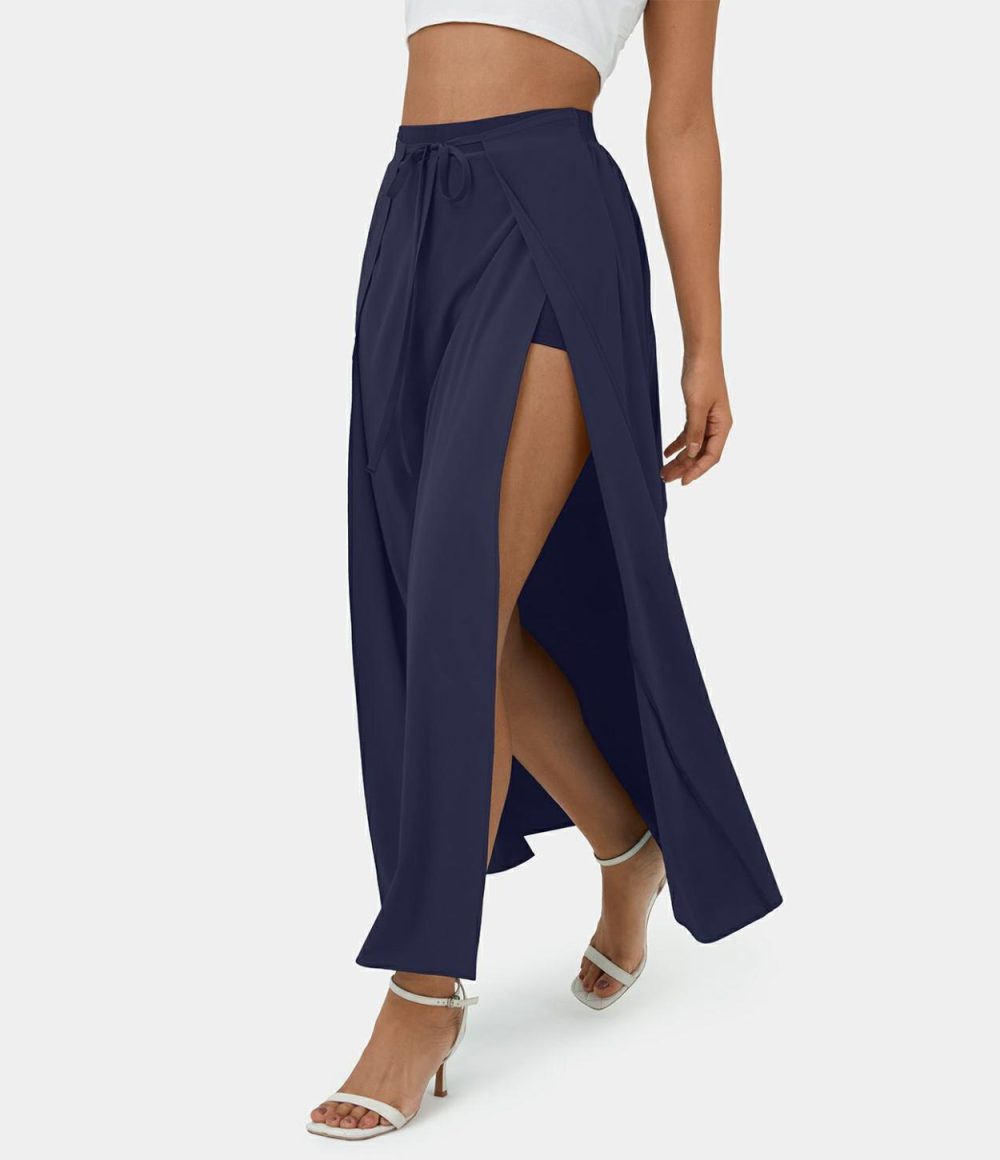 Breezeful™ High Waisted Tie Front Plicated Split Flowy 2-in-1 Maxi Quick Dry Casual Skirt  | Womens  2-in-1 Skorts 2-in-1 Skorts 2-in-1 Skorts