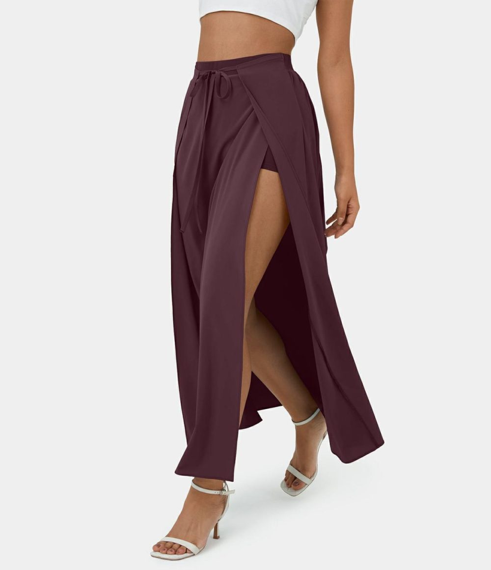 Breezeful™ High Waisted Tie Front Plicated Split Flowy 2-in-1 Maxi Quick Dry Casual Skirt  | Womens  2-in-1 Skorts 2-in-1 Skorts 2-in-1 Skorts