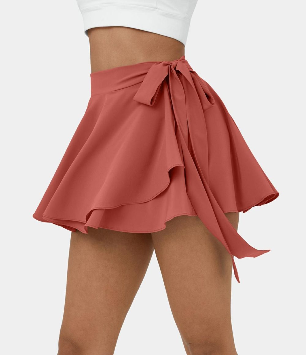 Breezeful™ High Waisted Tie Side 2-in-1 Side Pocket Flowy Micro Mini Flare Quick Dry Casual Skirt  | Womens  Mini Skirts Clothing Mineral Blue/Flame Red/Black Diamond Blue/Deep Crimson/Sequoia/Black/Ghost Gray/Peach Melba/Thin Ice Blue