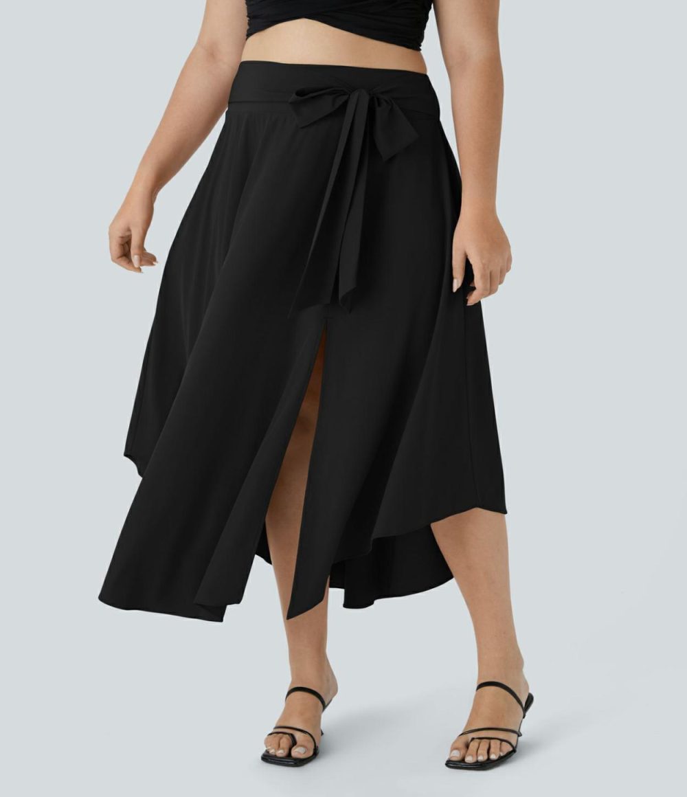 Breezeful™ High Waisted Tie Side Split 2-in-1 Curved Hem Flowy Quick Dry Midi Casual Plus Size Skirt  | Womens  Flowy Skirts Clothing Flowy Skirts