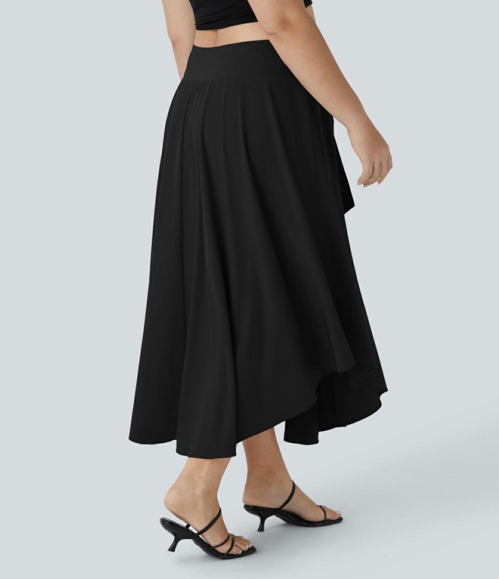 Breezeful™ High Waisted Tie Side Split 2-in-1 Curved Hem Flowy Quick Dry Midi Casual Plus Size Skirt  | Womens  Flowy Skirts Clothing Flowy Skirts