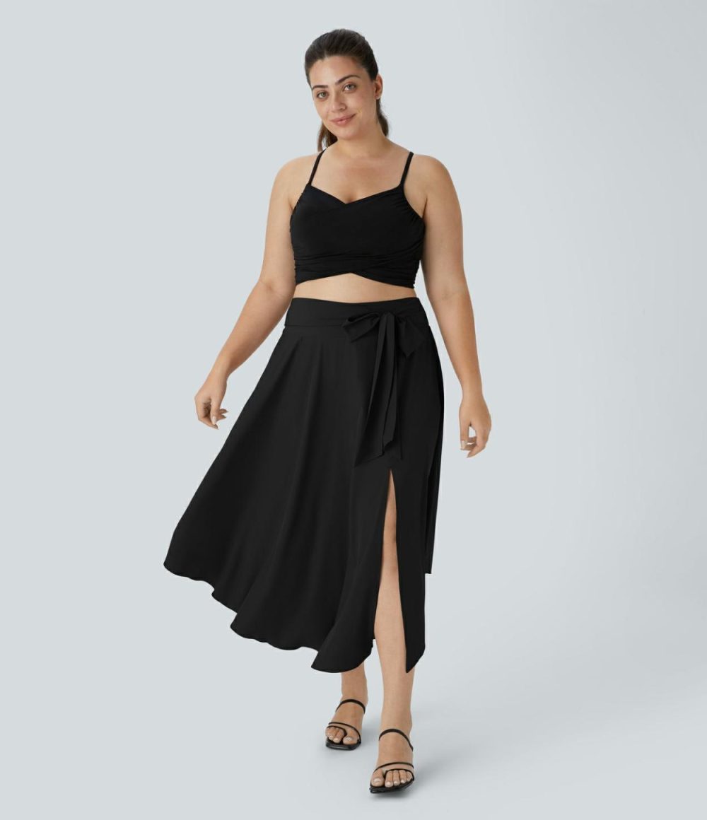 Breezeful™ High Waisted Tie Side Split 2-in-1 Curved Hem Flowy Quick Dry Midi Casual Plus Size Skirt  | Womens  Flowy Skirts Clothing Flowy Skirts