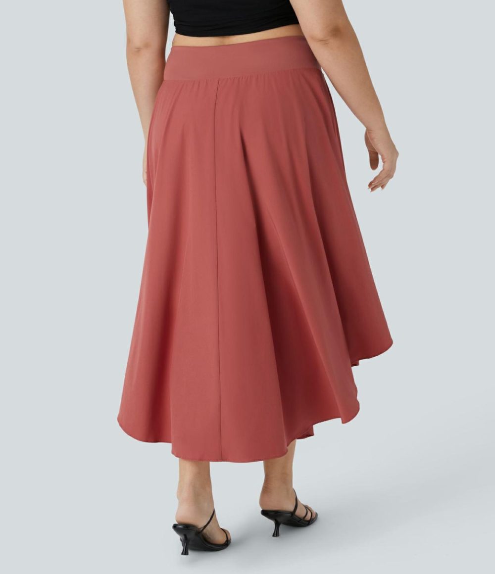 Breezeful™ High Waisted Tie Side Split 2-in-1 Curved Hem Flowy Quick Dry Midi Casual Plus Size Skirt  | Womens  Flowy Skirts Clothing Flowy Skirts