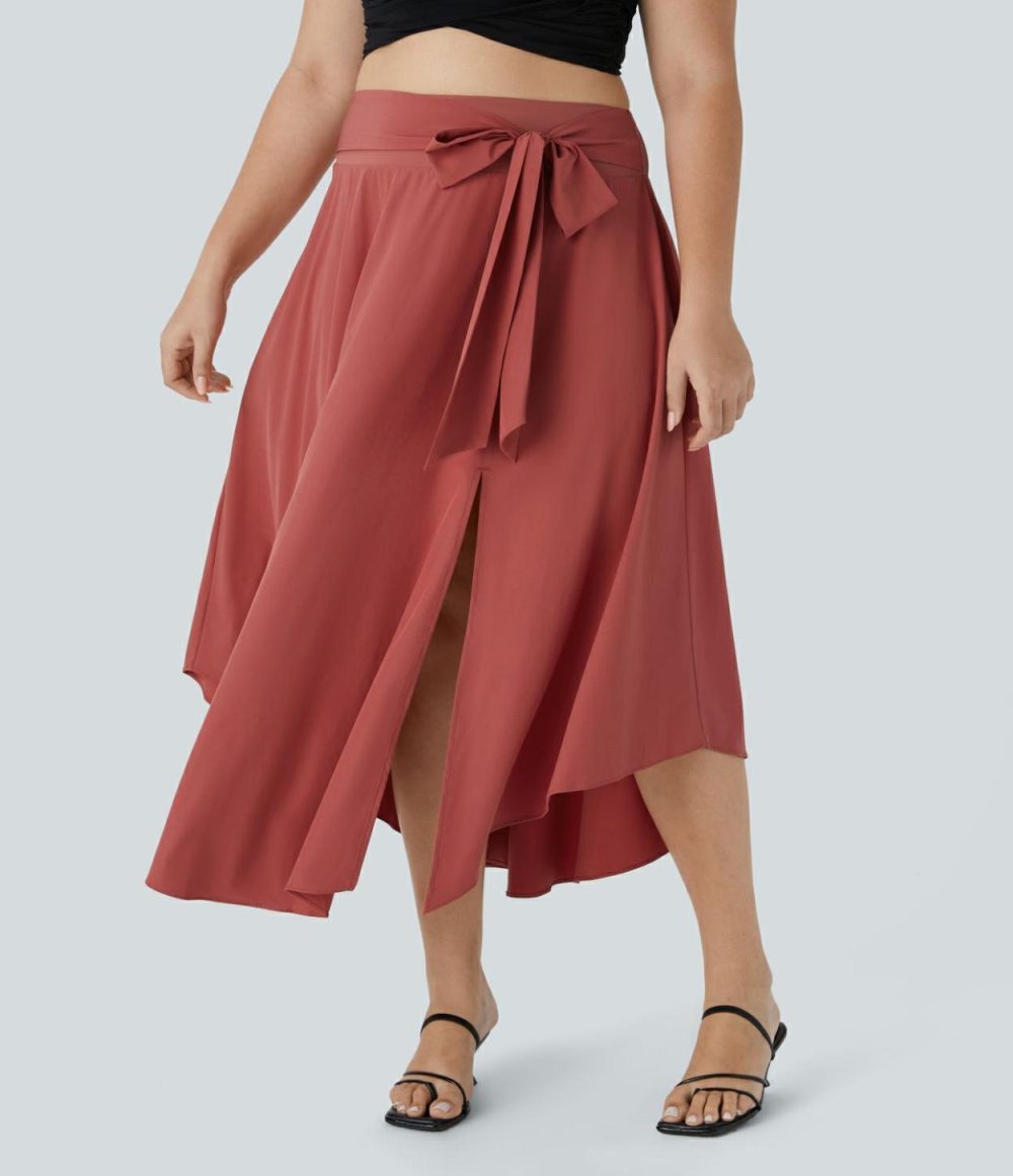 Breezeful™ High Waisted Tie Side Split 2-in-1 Curved Hem Flowy Quick Dry Midi Casual Plus Size Skirt  | Womens  Flowy Skirts Clothing Flowy Skirts