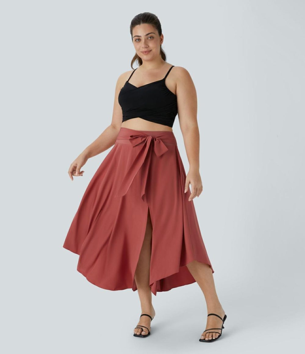 Breezeful™ High Waisted Tie Side Split 2-in-1 Curved Hem Flowy Quick Dry Midi Casual Plus Size Skirt  | Womens  Flowy Skirts Clothing Flowy Skirts