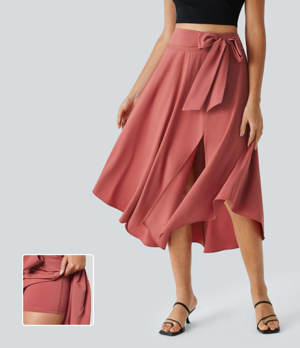 Breezeful™ High Waisted Tie Side Split 2-in-1 Curved Hem Flowy Quick Dry Midi Casual Skirt  | Womens  2-in-1 Skorts 2-in-1 Skorts 2-in-1 Skorts