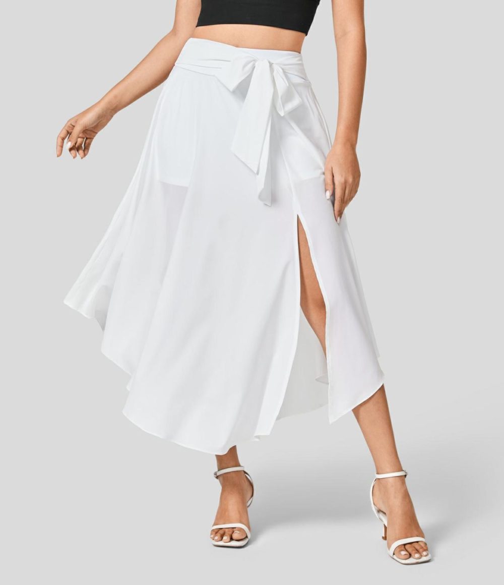 Breezeful™ High Waisted Tie Side Split 2-in-1 Curved Hem Flowy Quick Dry Midi Casual Skirt  | Womens  2-in-1 Skorts 2-in-1 Skorts 2-in-1 Skorts