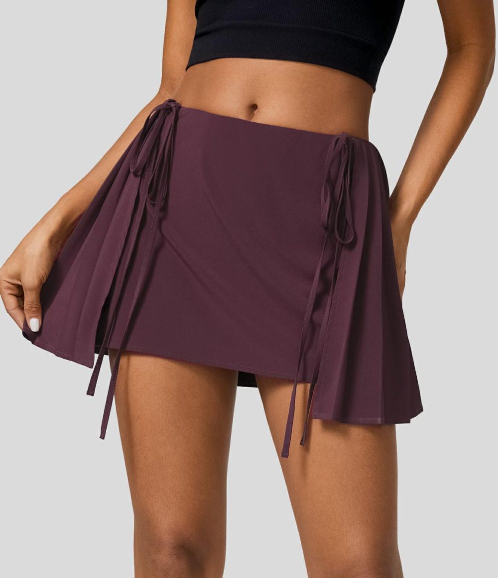 Breezeful™ Mid Rise Invisible Zipper Tie Side 2-in-1 Side Pocket Pleated Quick Dry Mini Yoga Skirt  | Womens  Mini Skirts Clothing Black/Amaranth