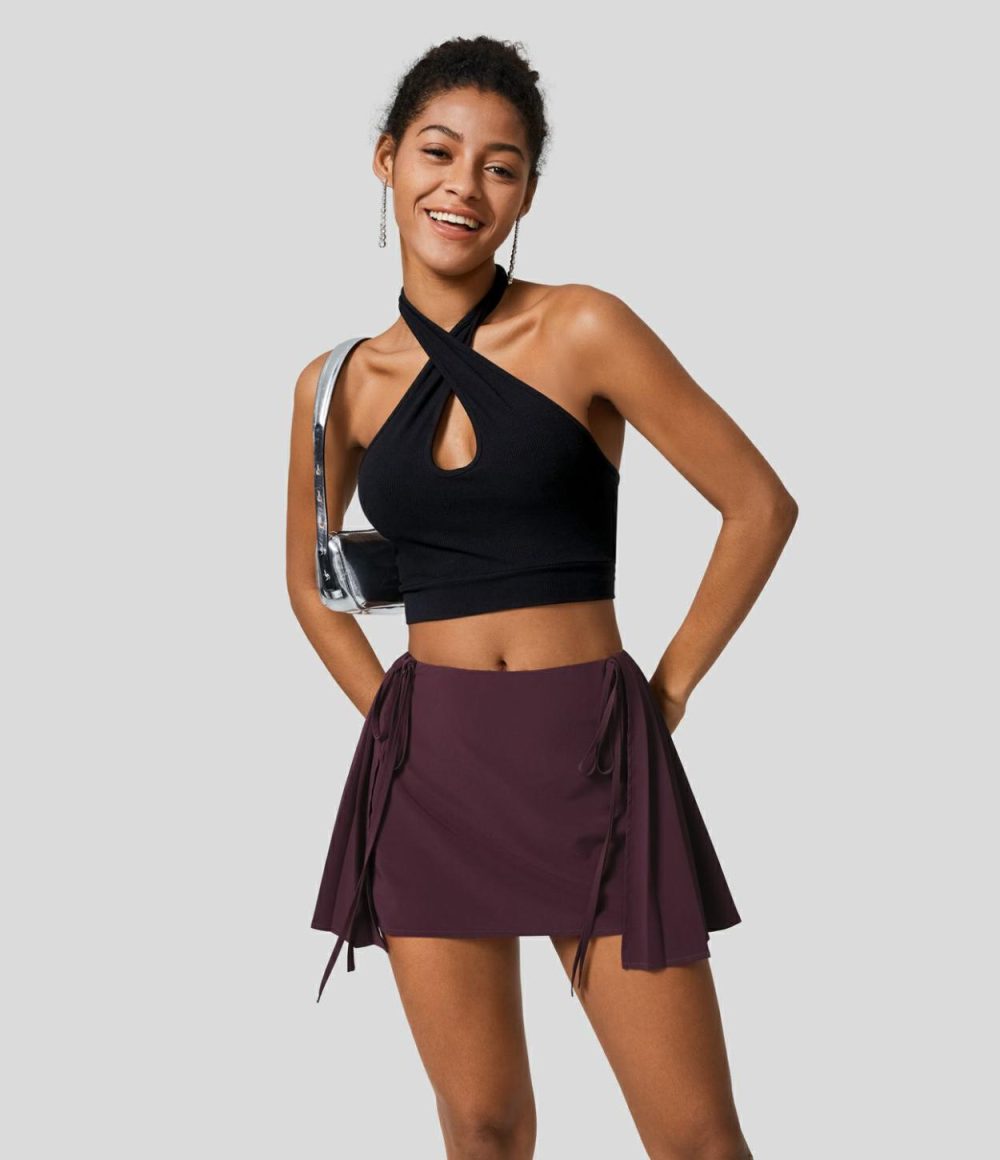 Breezeful™ Mid Rise Invisible Zipper Tie Side 2-in-1 Side Pocket Pleated Quick Dry Mini Yoga Skirt  | Womens  Mini Skirts Clothing Black/Amaranth