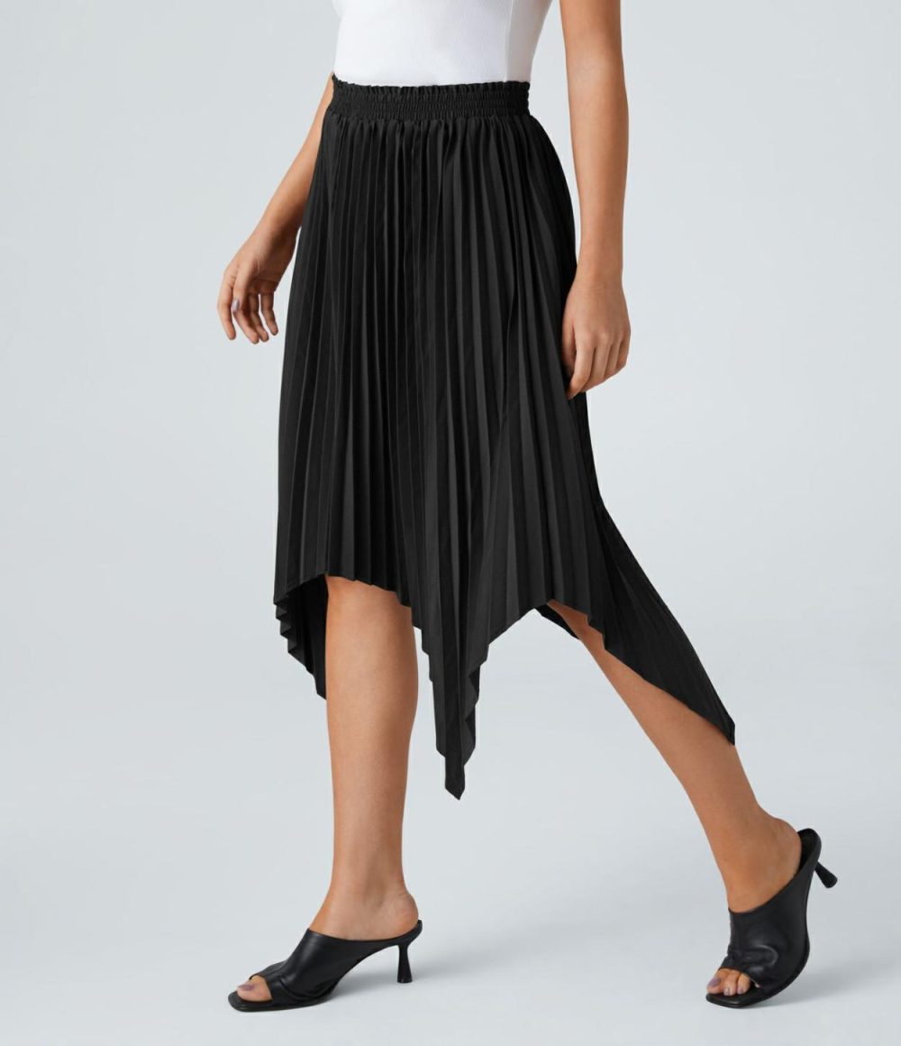 Breezeful™ Mid Rise Pleated Hanky Hem Flowy Quick Dry Midi Casual Skirt  | Womens  Flowy Skirts Clothing Black/Amaranth