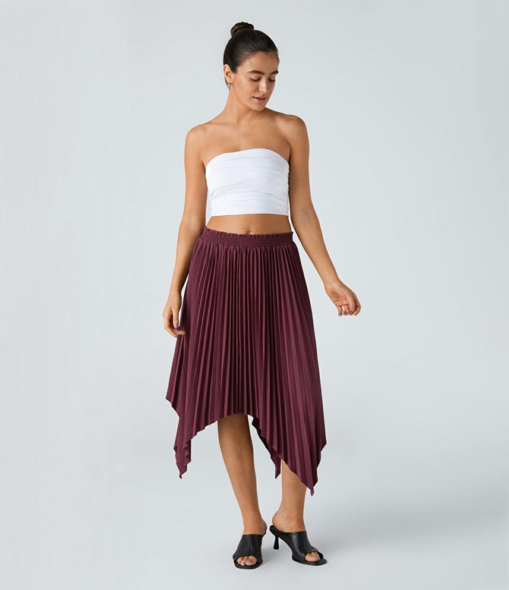 Breezeful™ Mid Rise Pleated Hanky Hem Flowy Quick Dry Midi Casual Skirt  | Womens  Flowy Skirts Clothing Black/Amaranth