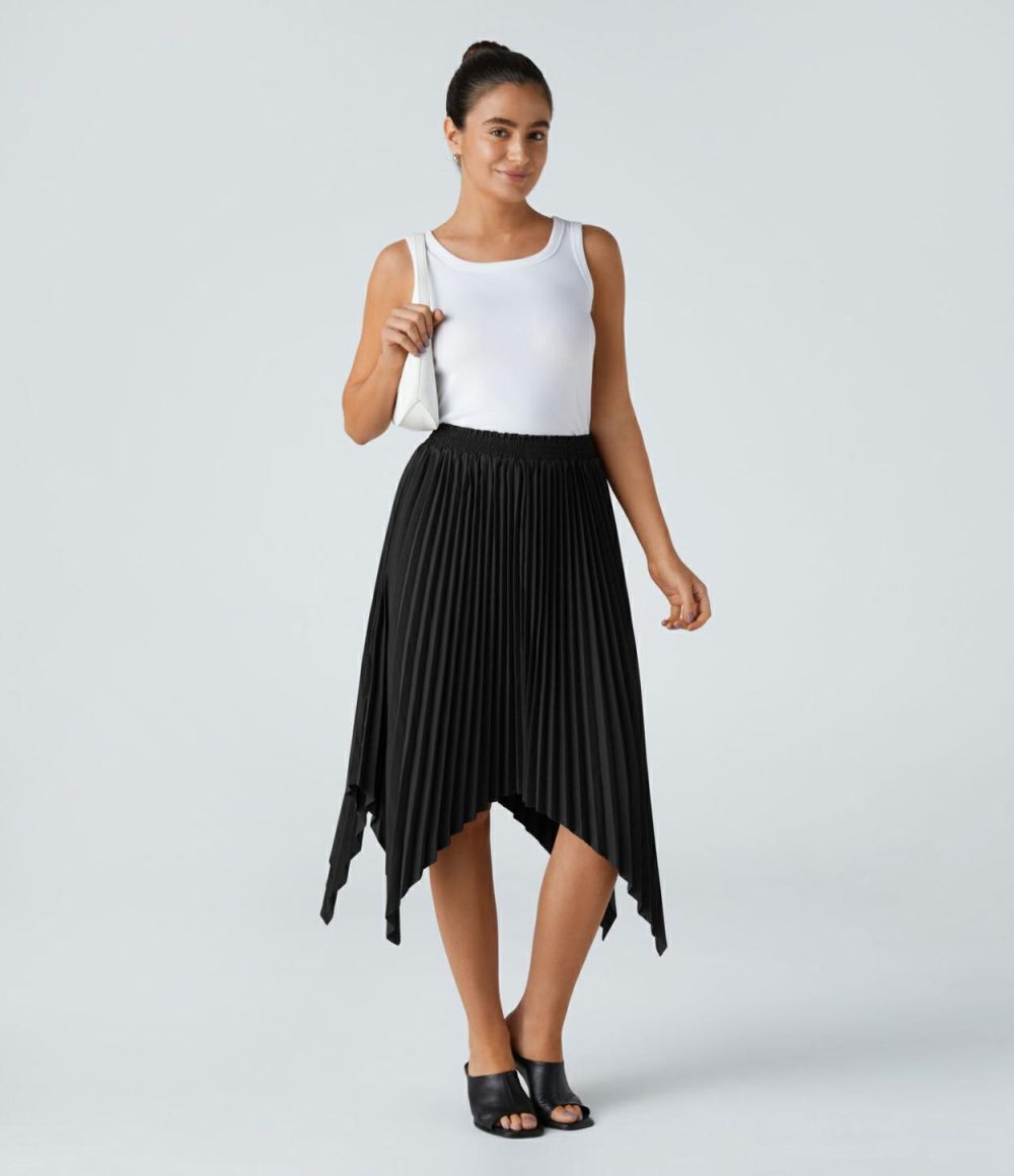 Breezeful™ Mid Rise Pleated Hanky Hem Flowy Quick Dry Midi Casual Skirt  | Womens  Flowy Skirts Clothing Black/Amaranth