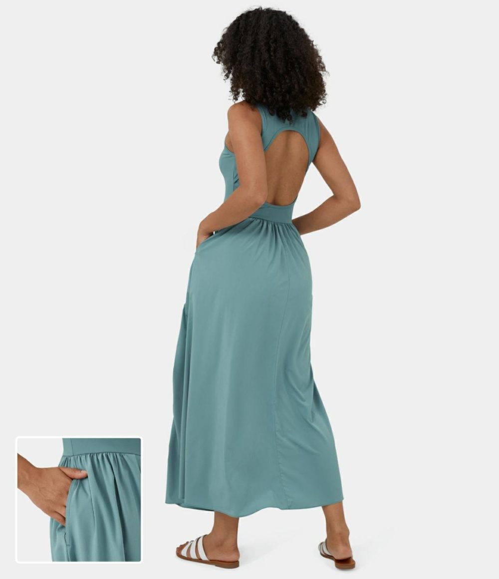 Breezeful™ Sleeveless Backless Cut Out Side Pocket Flowy Maxi Quick Dry Casual Dress  | Womens  Flowy Dresses Clothing Flowy Dresses