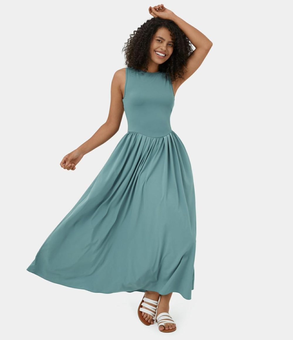 Breezeful™ Sleeveless Backless Cut Out Side Pocket Flowy Maxi Quick Dry Casual Dress  | Womens  Flowy Dresses Clothing Flowy Dresses