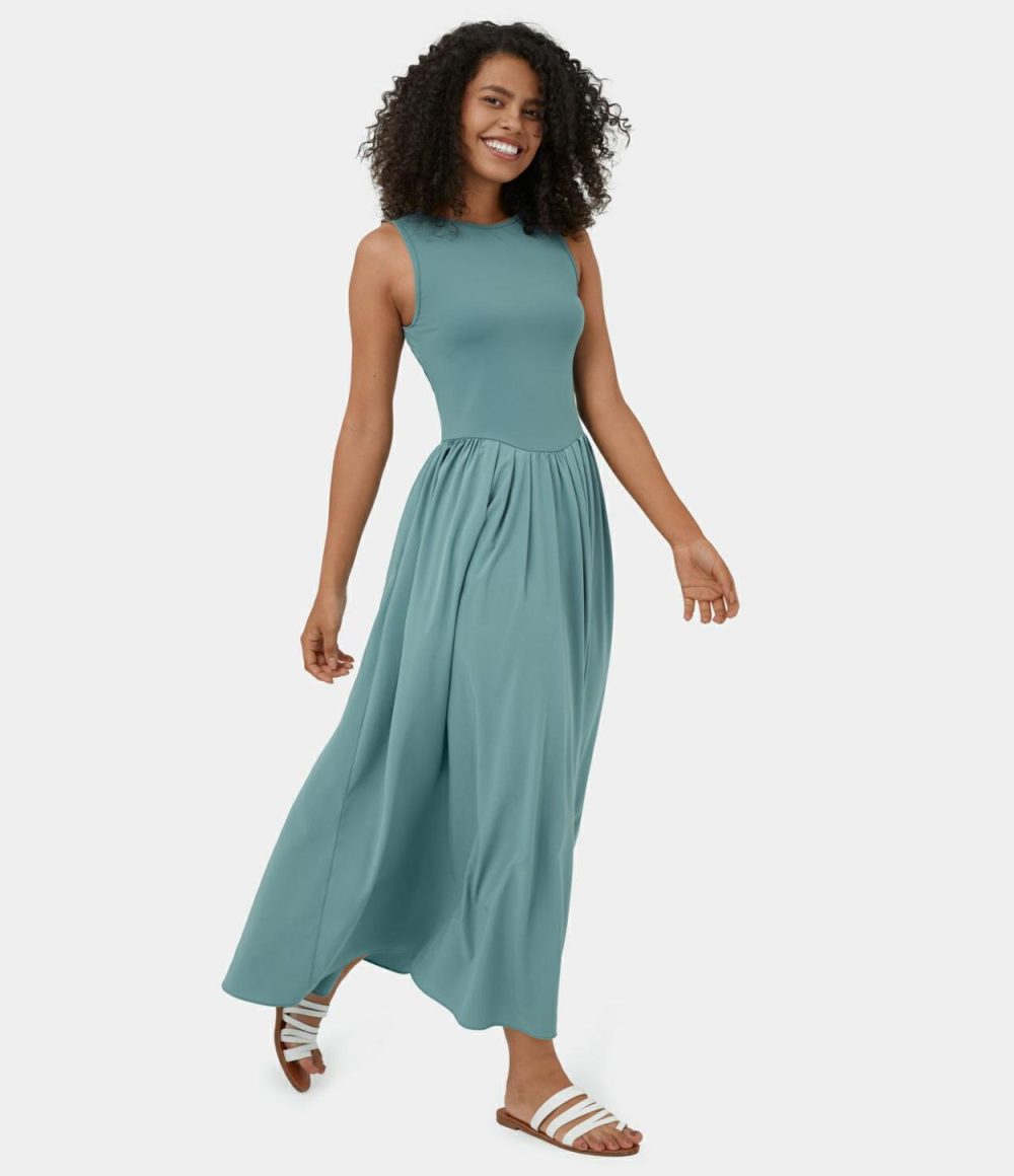 Breezeful™ Sleeveless Backless Cut Out Side Pocket Flowy Maxi Quick Dry Casual Dress  | Womens  Flowy Dresses Clothing Flowy Dresses