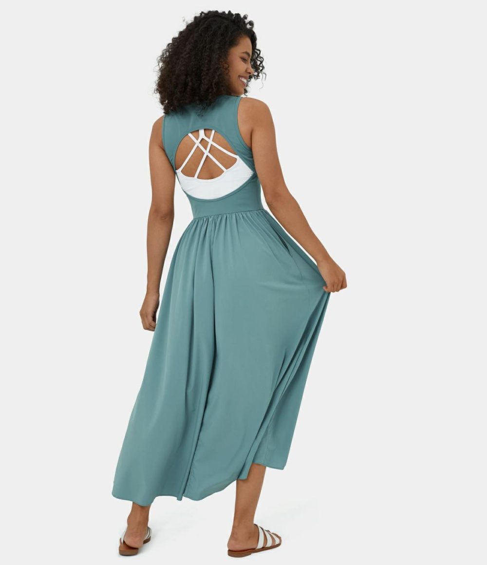 Breezeful™ Sleeveless Backless Cut Out Side Pocket Flowy Maxi Quick Dry Casual Dress  | Womens  Flowy Dresses Clothing Flowy Dresses