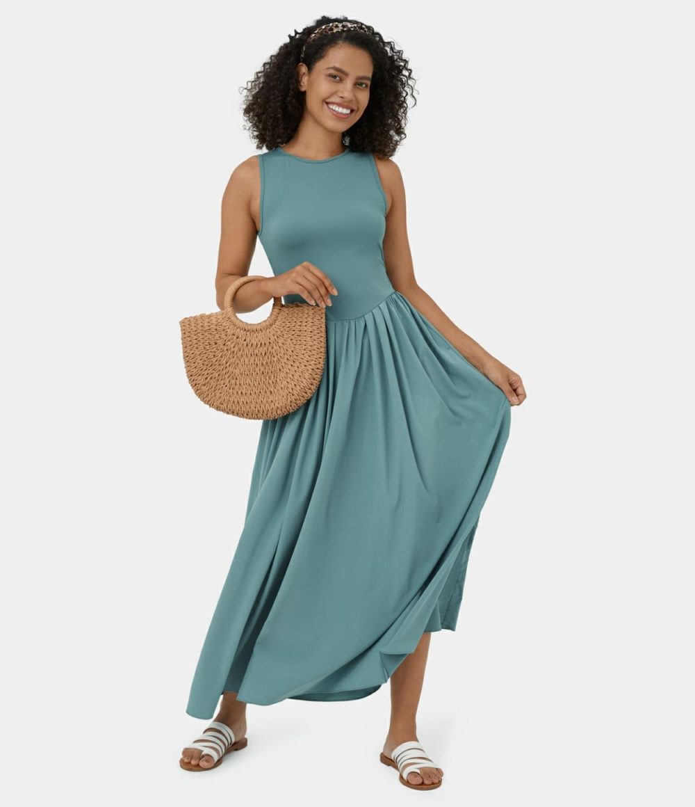 Breezeful™ Sleeveless Backless Cut Out Side Pocket Flowy Maxi Quick Dry Casual Dress  | Womens  Flowy Dresses Clothing Flowy Dresses