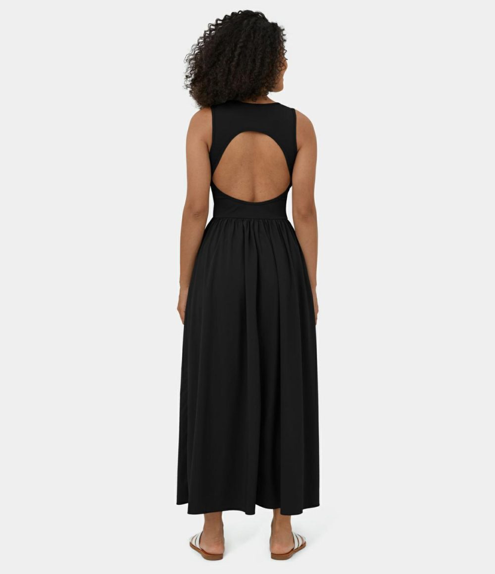 Breezeful™ Sleeveless Backless Cut Out Side Pocket Flowy Maxi Quick Dry Casual Dress  | Womens  Flowy Dresses Clothing Flowy Dresses