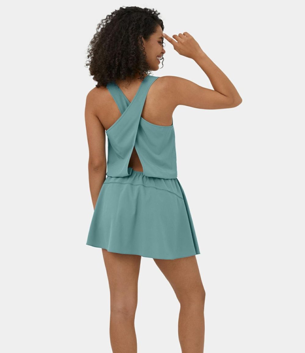 Breezeful™ U Neck Backless Crossover Cut Out Plicated Flare Flowy Mini Quick Dry Casual Dress  | Womens  Mini Dresses Clothing Mineral Blue/Black