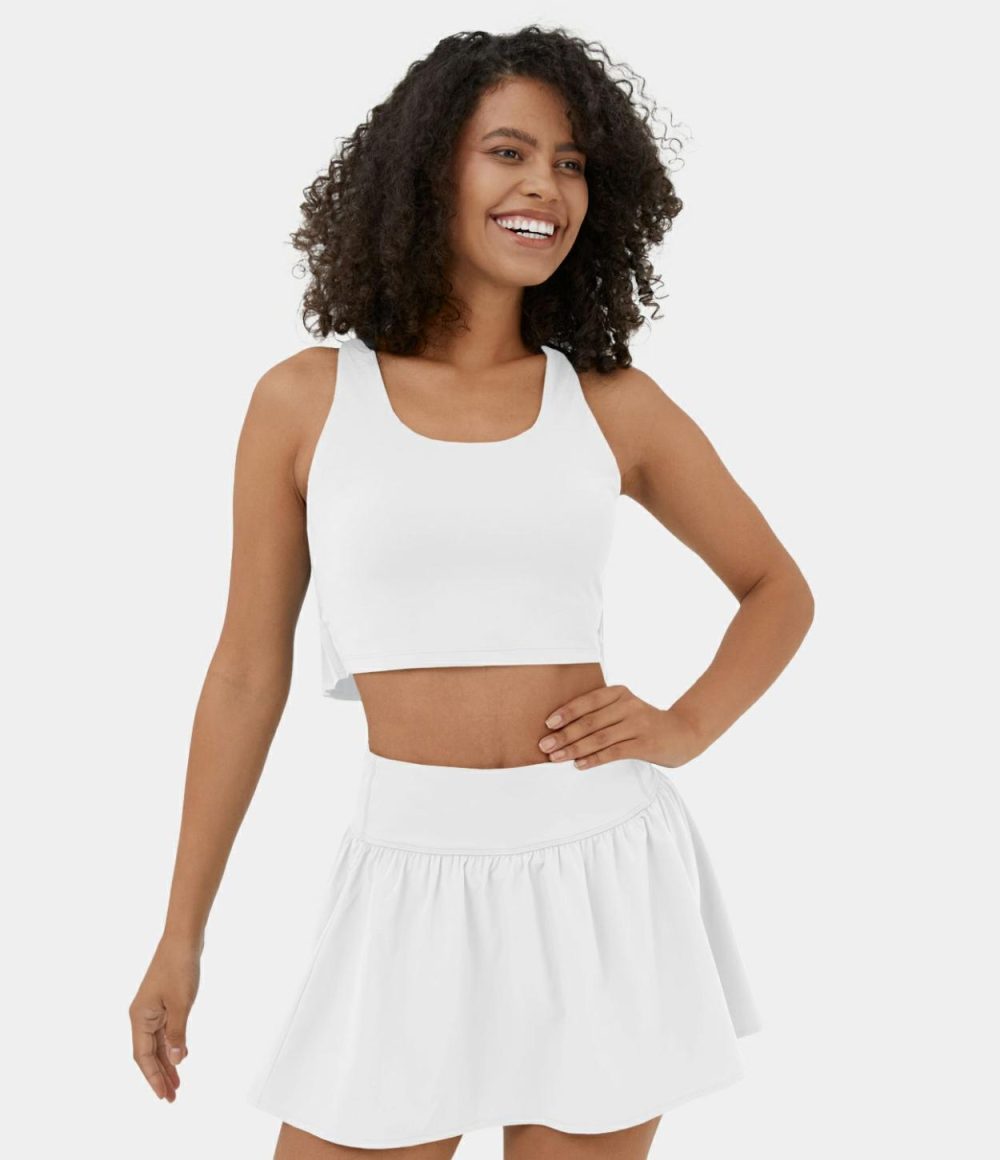 Breezeful™ U Neck Contrast Pleated Cropped Quick Dry Casual Tank Top  | Womens  Cropped Tops Clothing Arctic/White