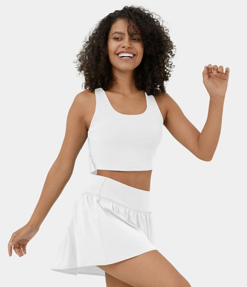 Breezeful™ U Neck Contrast Pleated Cropped Quick Dry Casual Tank Top  | Womens  Cropped Tops Clothing Arctic/White