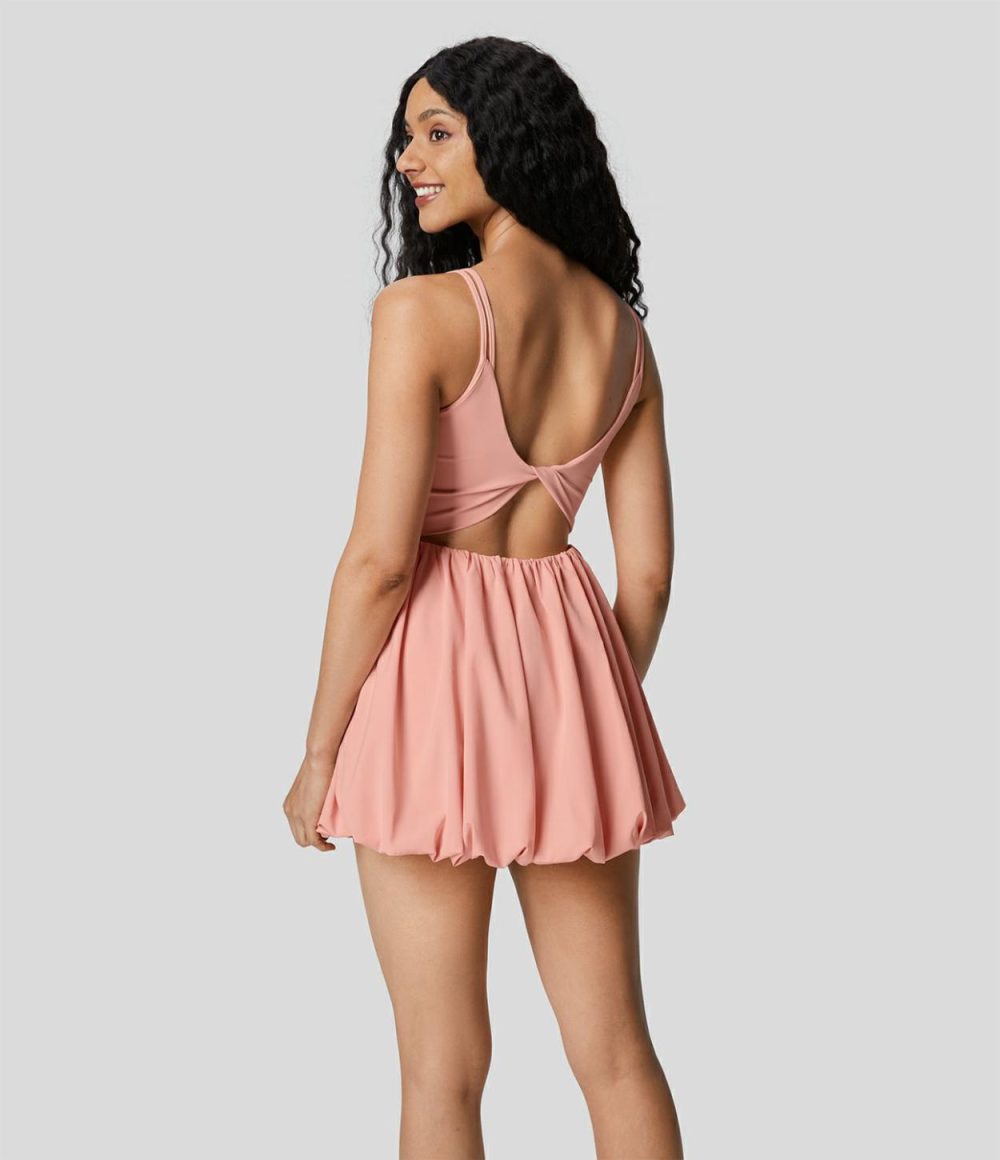 Breezeful™ U Neck Double Straps Backless Twisted Cut Out Side Pocket Quick Dry Micro Mini Casual Bubble Dress  | Womens  Mini Dresses Clothing Black/Peach Melba