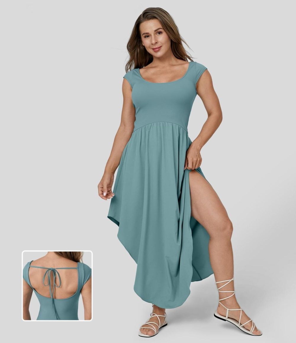 Breezeful™ U Neck Small Cap Sleeve Backless Tie Back Asymmetric Hem Flowy Maxi Quick Dry Casual Dress  | Womens  Flowy Dresses Clothing Flowy Dresses