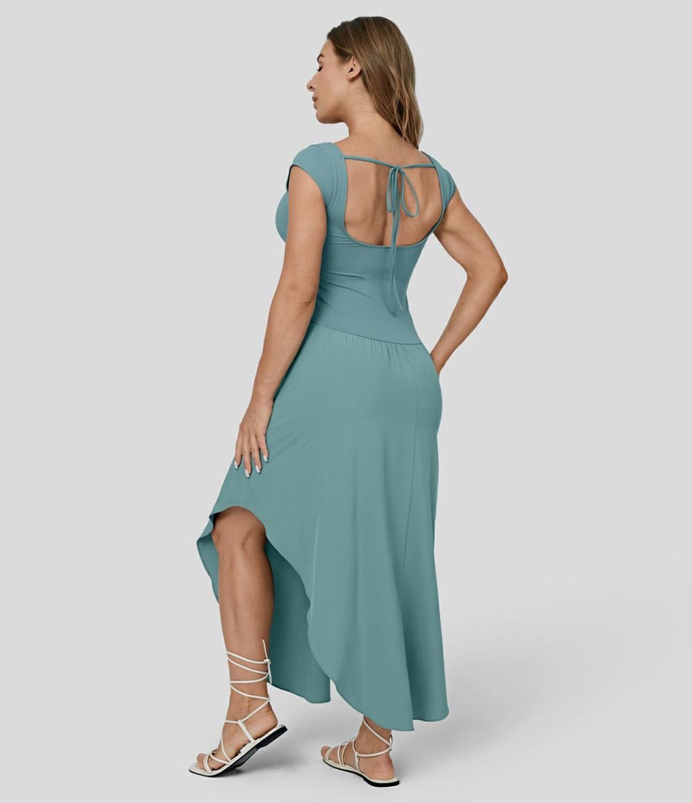 Breezeful™ U Neck Small Cap Sleeve Backless Tie Back Asymmetric Hem Flowy Maxi Quick Dry Casual Dress  | Womens  Flowy Dresses Clothing Flowy Dresses