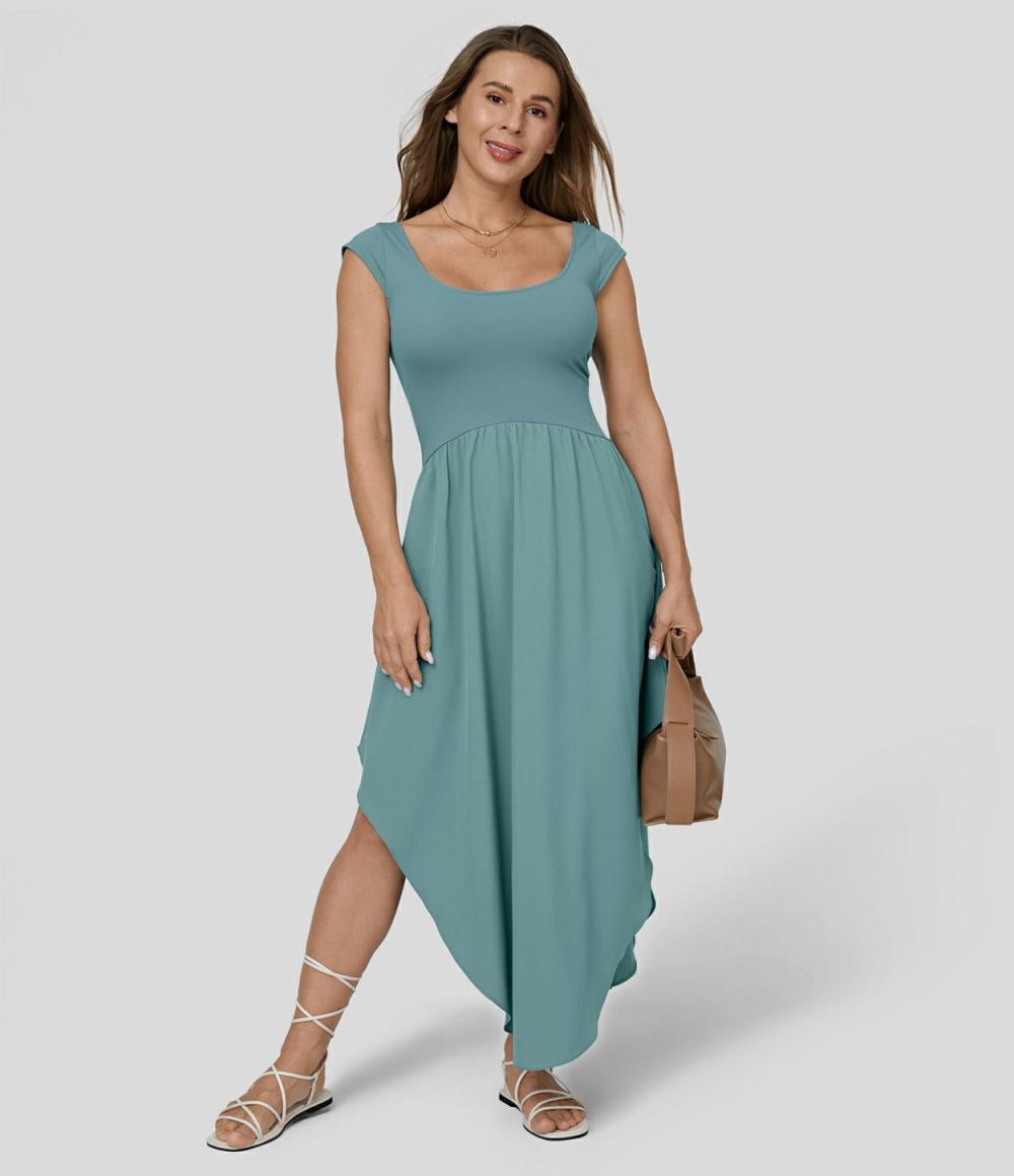 Breezeful™ U Neck Small Cap Sleeve Backless Tie Back Asymmetric Hem Flowy Maxi Quick Dry Casual Dress  | Womens  Flowy Dresses Clothing Flowy Dresses