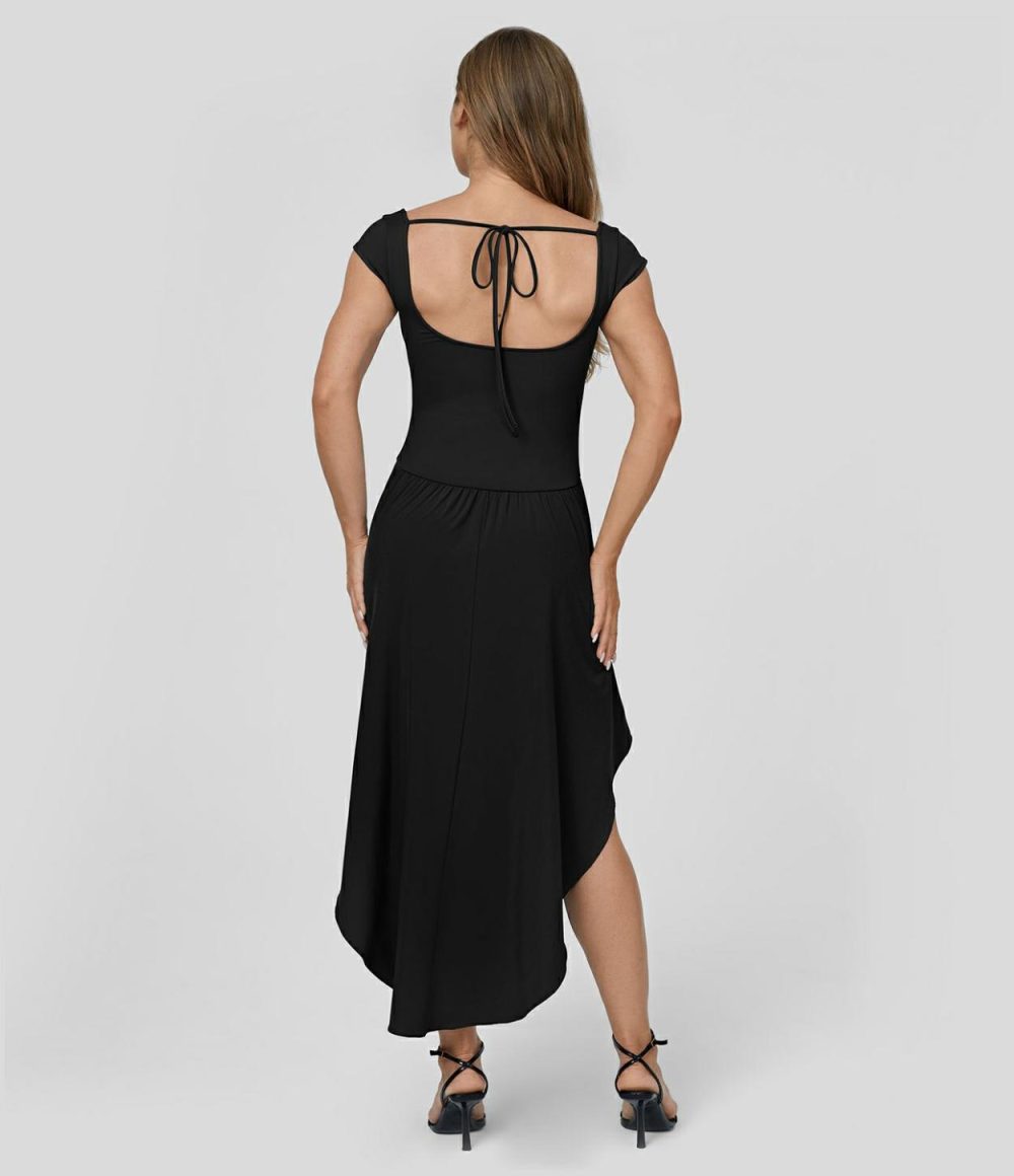 Breezeful™ U Neck Small Cap Sleeve Backless Tie Back Asymmetric Hem Flowy Maxi Quick Dry Casual Dress  | Womens  Flowy Dresses Clothing Flowy Dresses