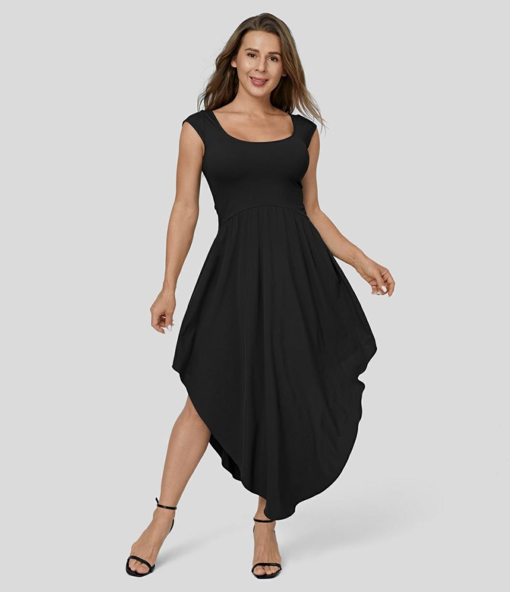 Breezeful™ U Neck Small Cap Sleeve Backless Tie Back Asymmetric Hem Flowy Maxi Quick Dry Casual Dress  | Womens  Flowy Dresses Clothing Flowy Dresses