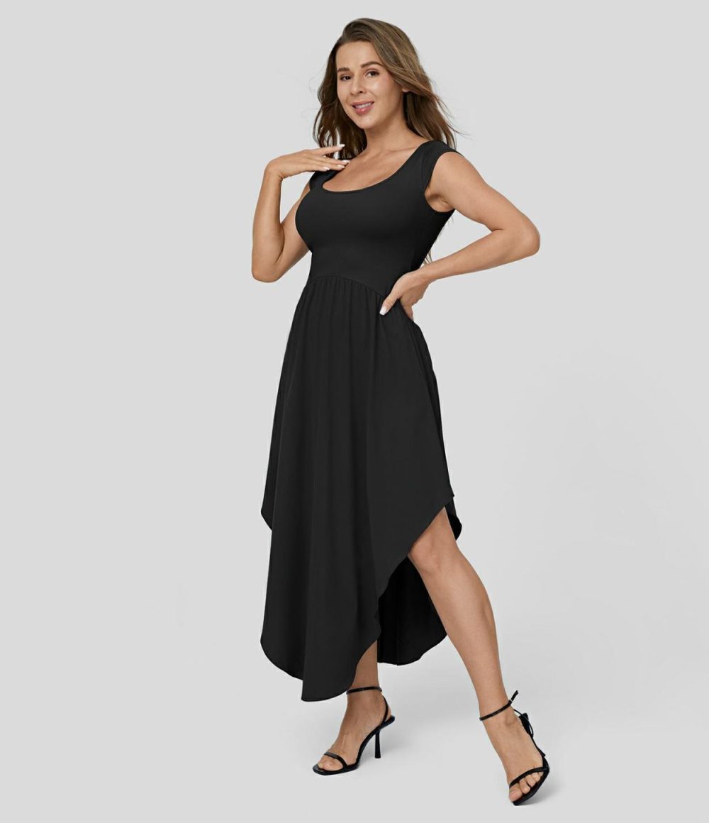 Breezeful™ U Neck Small Cap Sleeve Backless Tie Back Asymmetric Hem Flowy Maxi Quick Dry Casual Dress  | Womens  Flowy Dresses Clothing Flowy Dresses