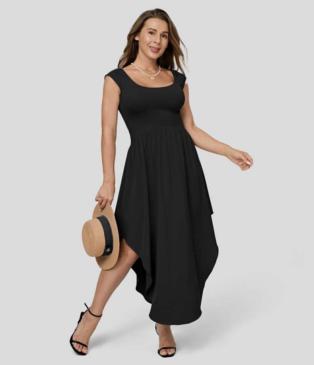 Breezeful™ U Neck Small Cap Sleeve Backless Tie Back Asymmetric Hem Flowy Maxi Quick Dry Casual Dress  | Womens  Flowy Dresses Clothing Flowy Dresses