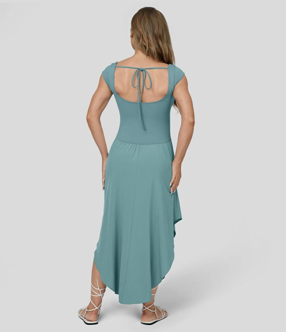 Breezeful™ U Neck Small Cap Sleeve Backless Tie Back Asymmetric Hem Flowy Maxi Quick Dry Casual Dress  | Womens  Flowy Dresses Clothing Flowy Dresses