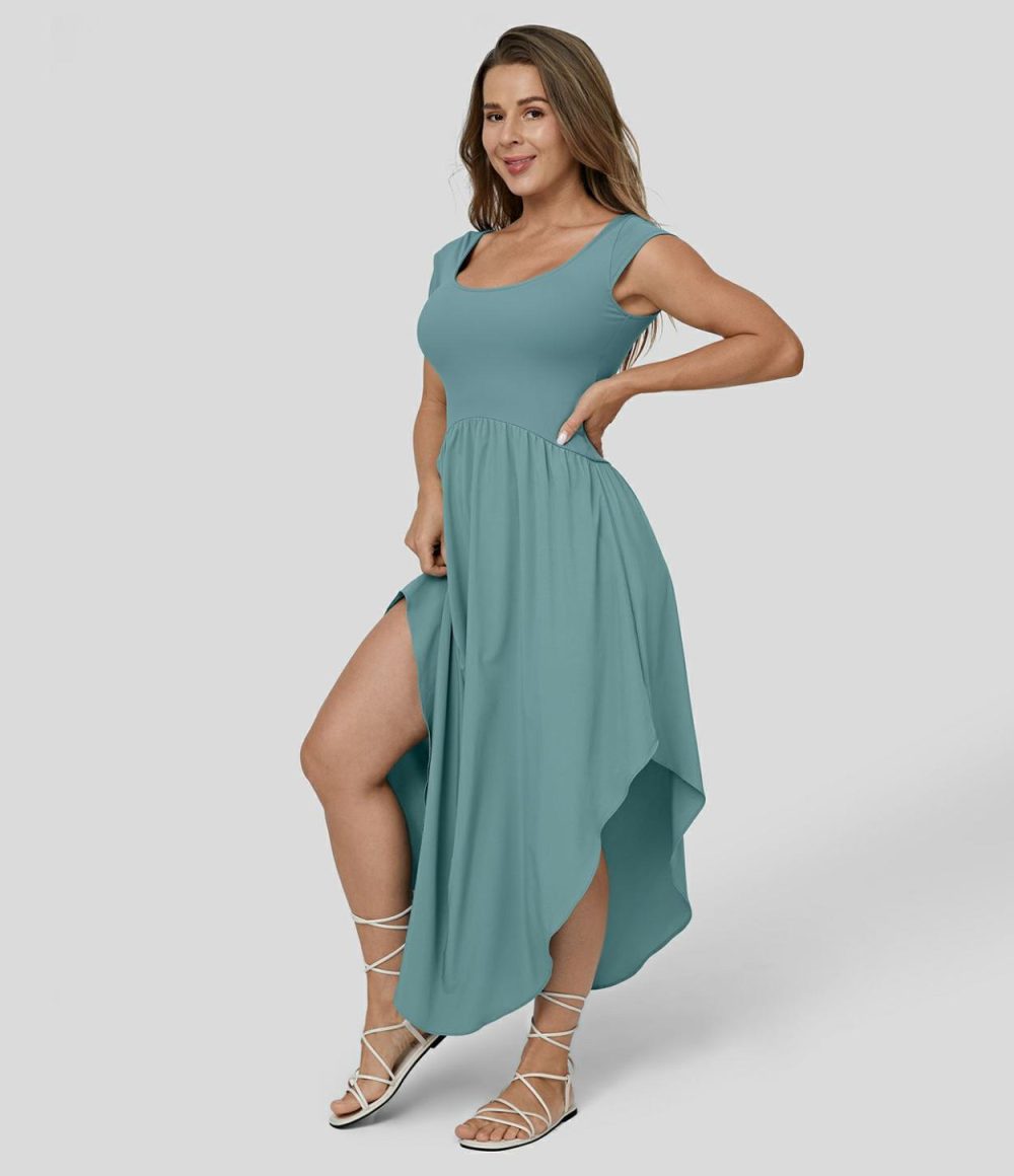 Breezeful™ U Neck Small Cap Sleeve Backless Tie Back Asymmetric Hem Flowy Maxi Quick Dry Casual Dress  | Womens  Flowy Dresses Clothing Flowy Dresses