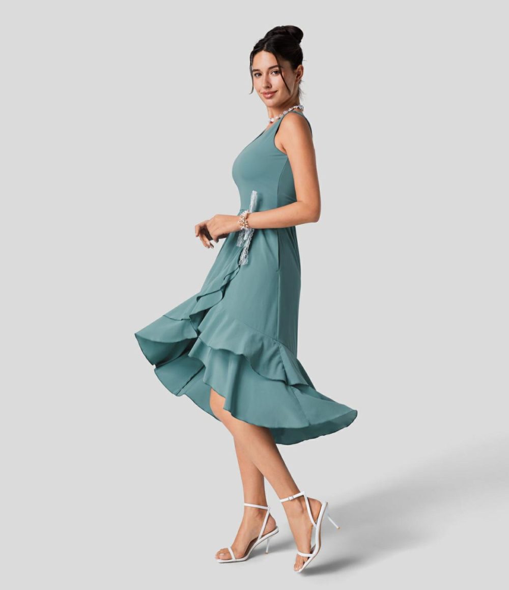 Breezeful™ V Neck Backless Cut Out Side Pocket Plicated Ruffle Flowy Quick Dry Midi Bridesmaid and Wedding Guest Dress  | Womens  Flowy Dresses Clothing Flowy Dresses