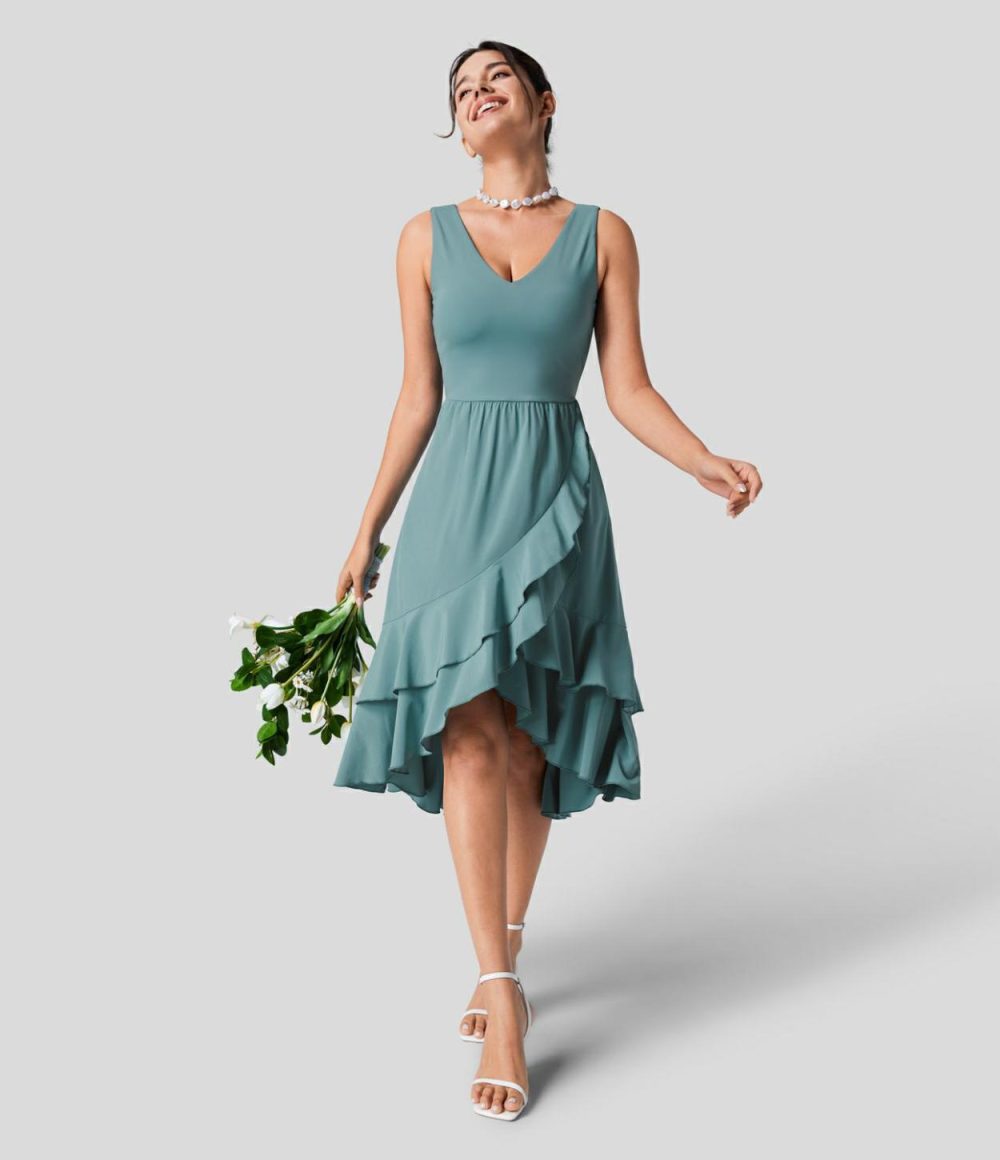 Breezeful™ V Neck Backless Cut Out Side Pocket Plicated Ruffle Flowy Quick Dry Midi Bridesmaid and Wedding Guest Dress  | Womens  Flowy Dresses Clothing Flowy Dresses