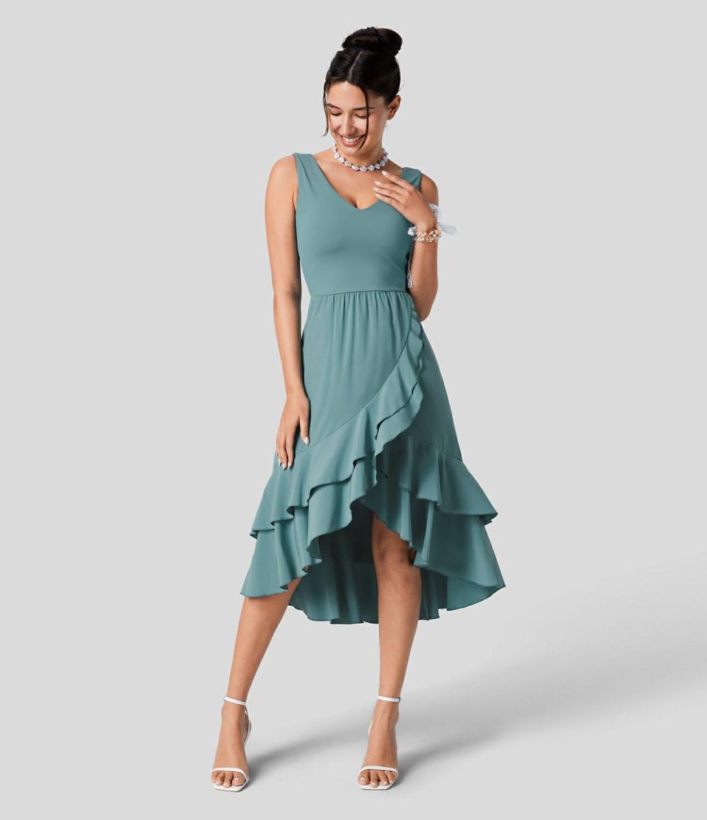 Breezeful™ V Neck Backless Cut Out Side Pocket Plicated Ruffle Flowy Quick Dry Midi Bridesmaid and Wedding Guest Dress  | Womens  Flowy Dresses Clothing Flowy Dresses