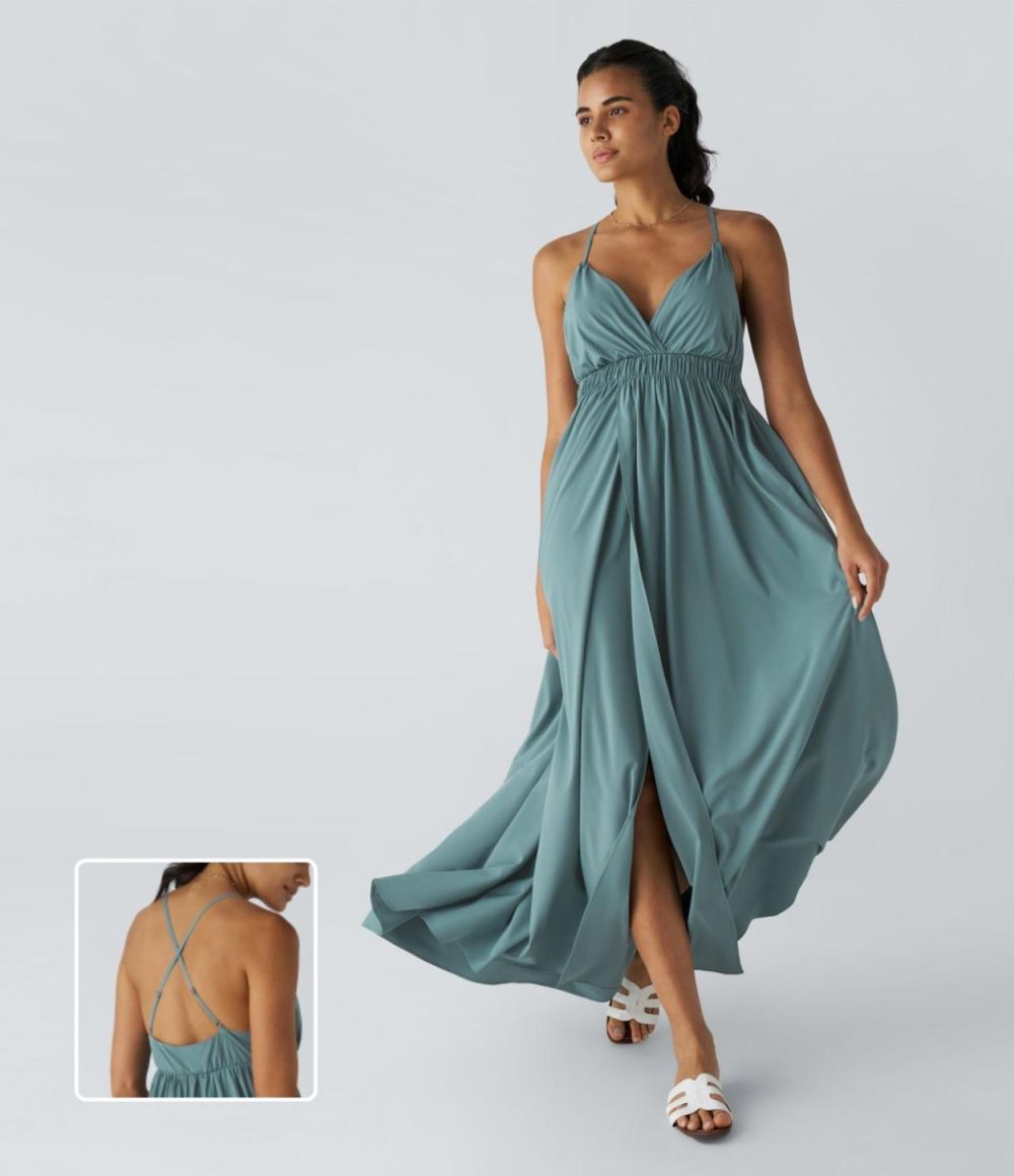 Breezeful™ V Neck Crisscross Backless Split Flowy Maxi Quick Dry Casual Slip Dress  | Womens  Flowy Dresses Clothing Flowy Dresses