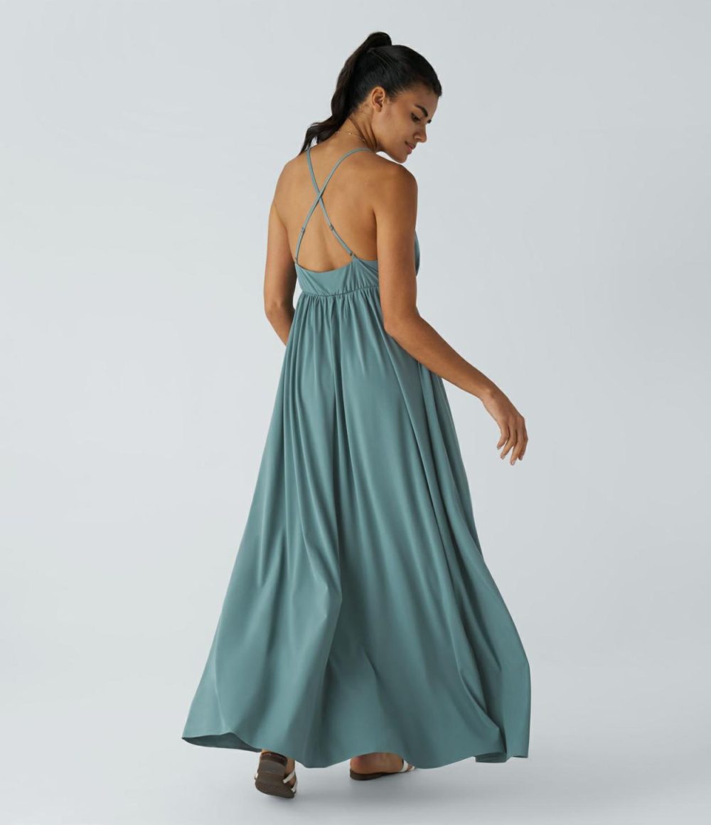 Breezeful™ V Neck Crisscross Backless Split Flowy Maxi Quick Dry Casual Slip Dress  | Womens  Flowy Dresses Clothing Flowy Dresses