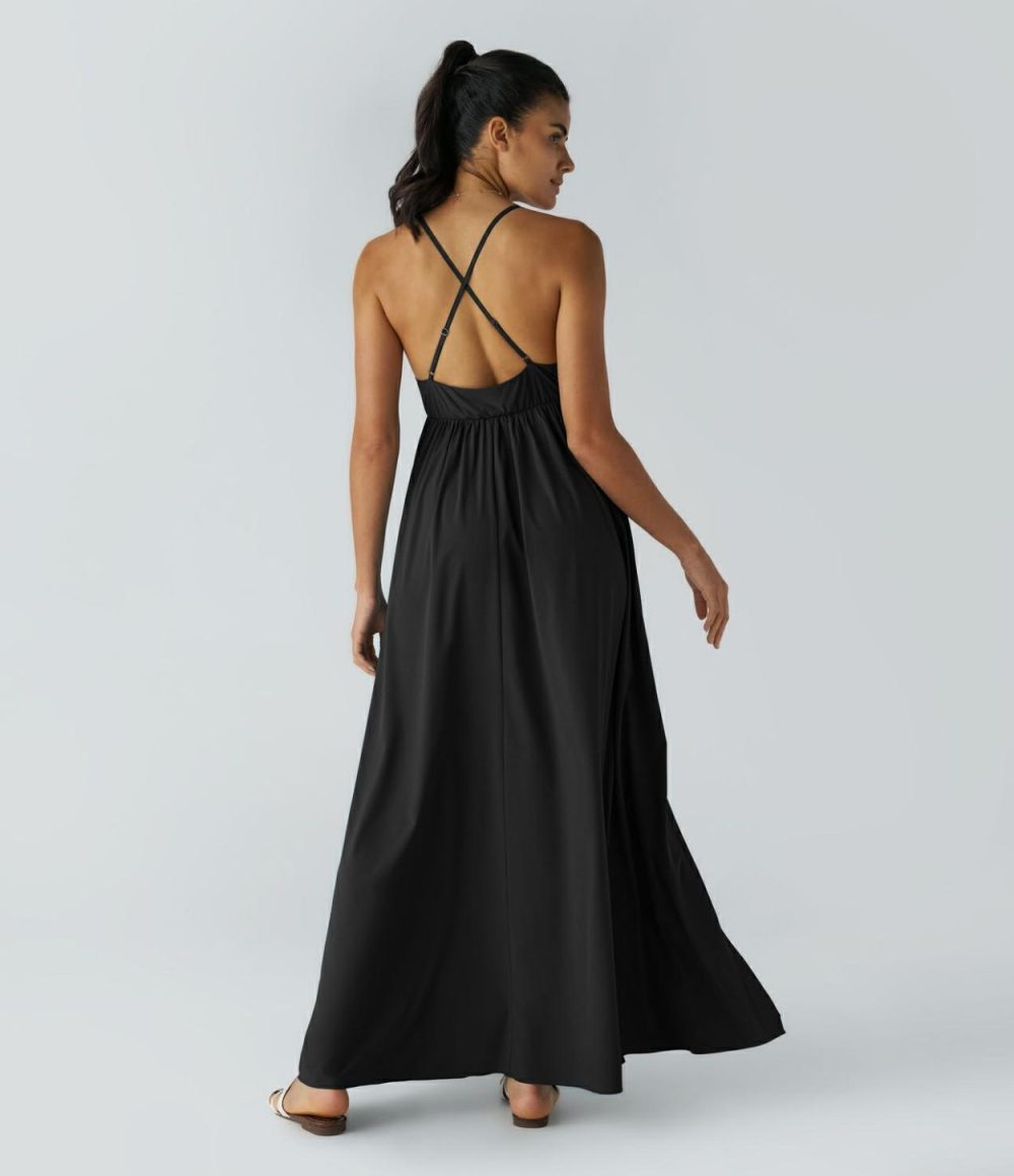 Breezeful™ V Neck Crisscross Backless Split Flowy Maxi Quick Dry Casual Slip Dress  | Womens  Flowy Dresses Clothing Flowy Dresses