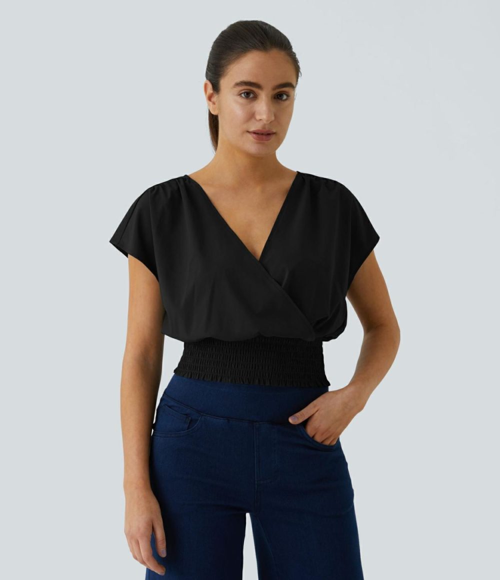 Breezeful™ V Neck Crossover Short Sleeve Shirred Hem Quick Dry Cropped Casual Top  | Womens  Cropped Tops Clothing Black/Stone Blue